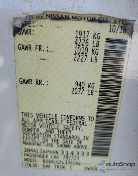 2017 Nissan Altima 2.5 from USA, damaged, VIN 1N4AL3APXHN314333